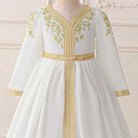 Girls White Embroidered Maxi Dress With Long Sleeves Casual Dresses