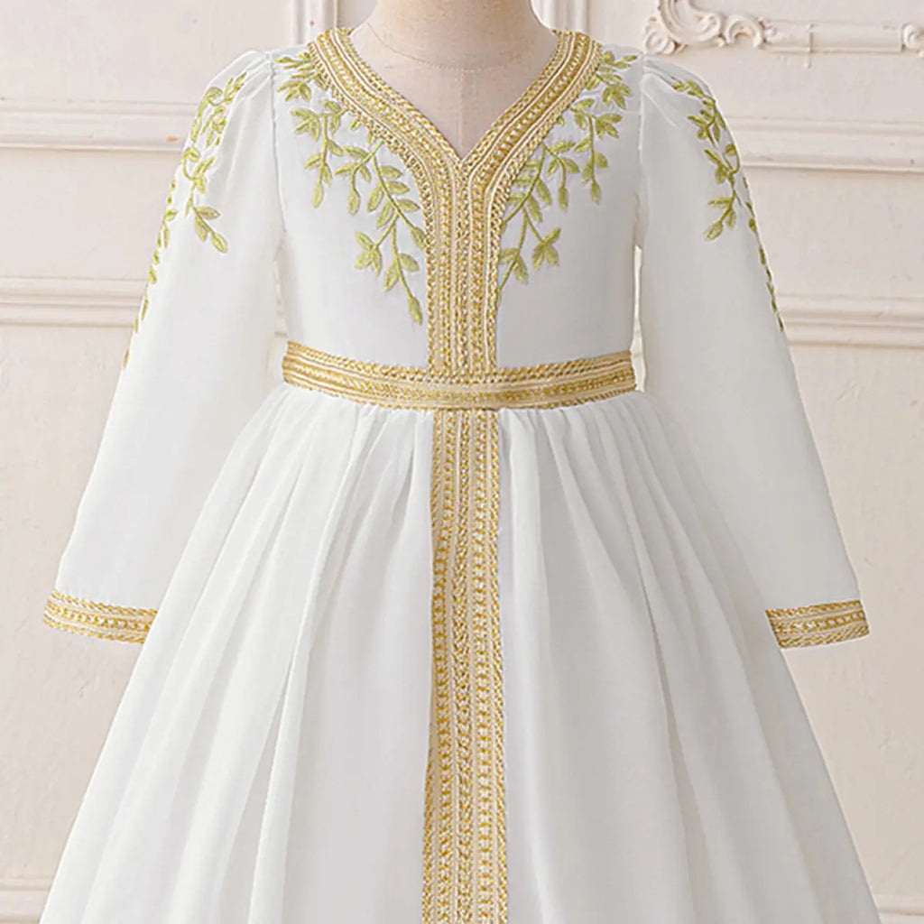 Girls White Embroidered Maxi Dress With Long Sleeves Casual Dresses