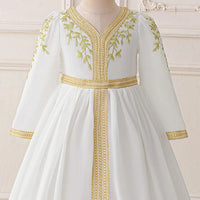 Girls White Embroidered Maxi Dress With Long Sleeves Casual Dresses