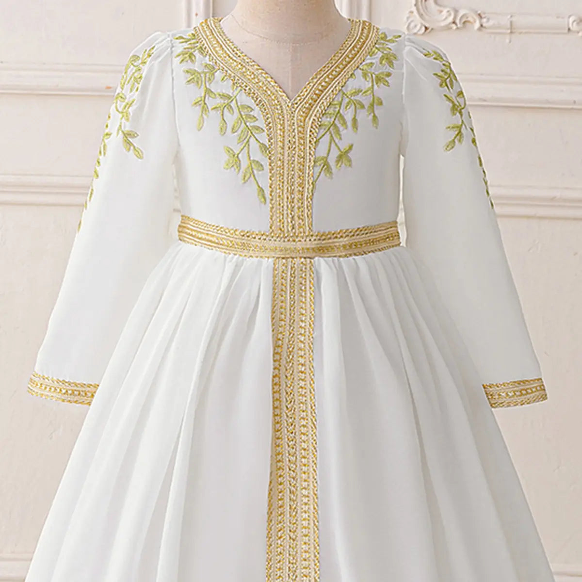 Girls White Embroidered Maxi Dress With Long Sleeves Casual Dresses