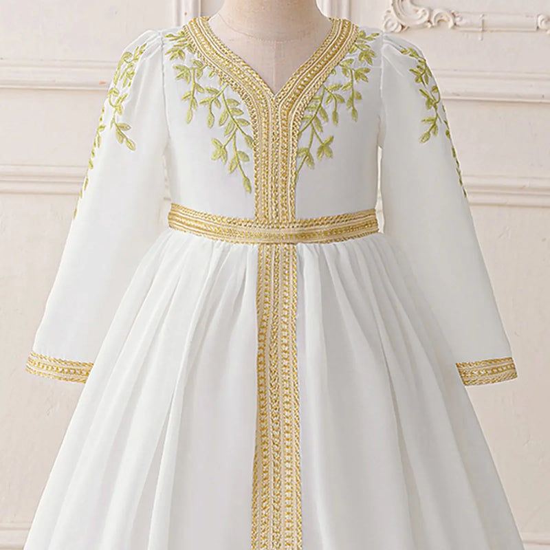 Girls White Embroidered Maxi Dress With Long Sleeves Casual Dresses