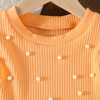 Girls Orange Pearl Embellished Top With Denim Shorts Set Sets