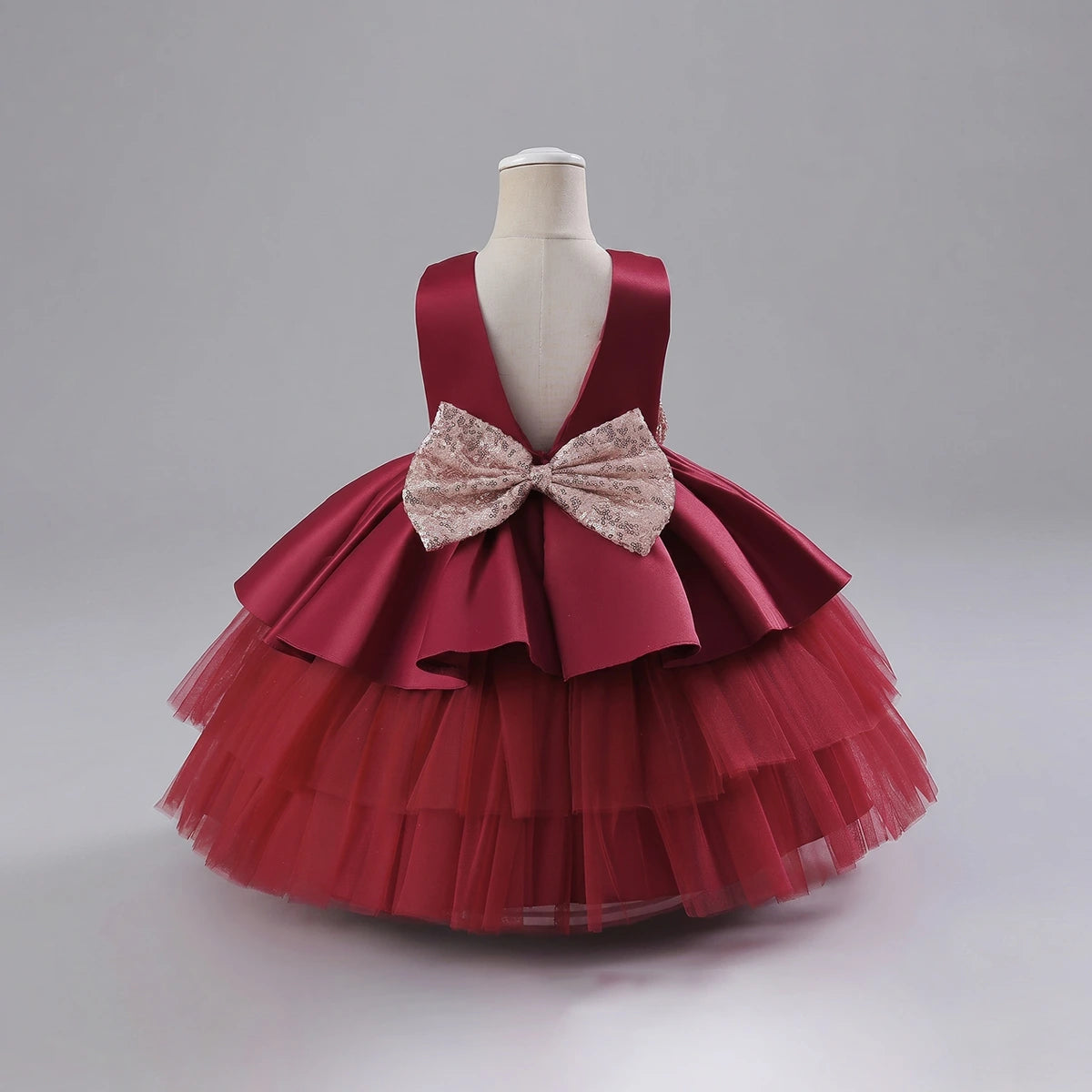Girls Maroon Flared Party Wear Dress With Sequin Bow Party Dresses