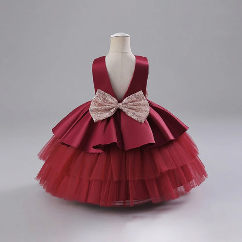 Girls Maroon Flared Party Wear Dress With Sequin Bow Party Dresses