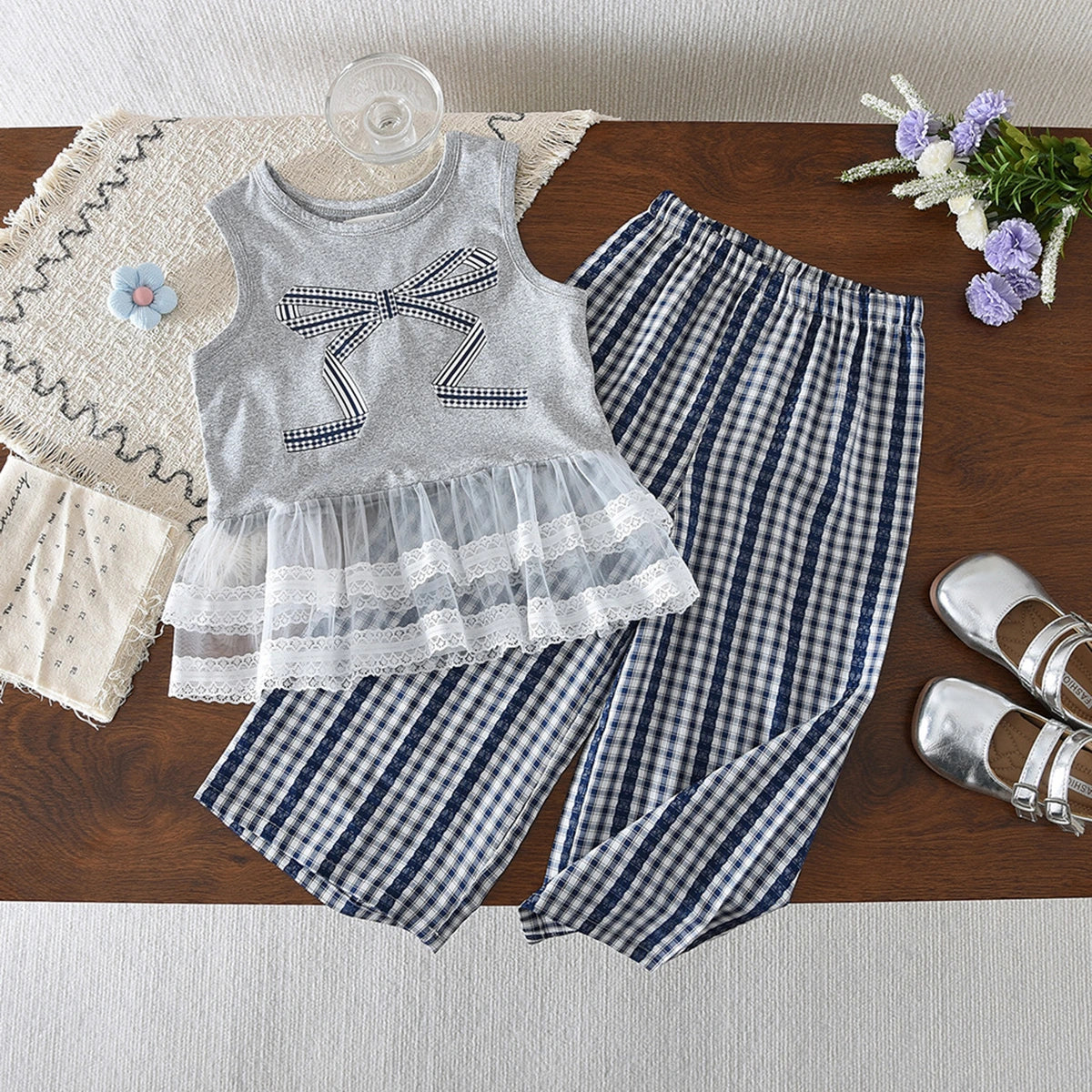 Girls Grey Bow Print Sleeveless Top With Checked Pants Sets 2 pc. Sets Grey 1-2 Y