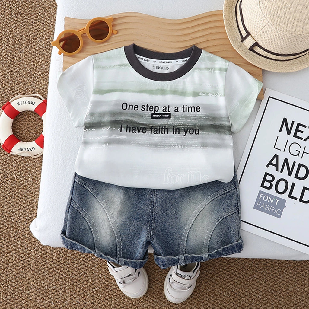 Boys Green Typographic Print T-Shirt With Denim Shorts Set Sets Green 1-2 Y