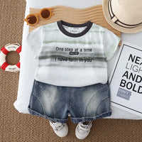 Boys Green Typographic Print T-Shirt With Denim Shorts Set Sets Green 1-2 Y