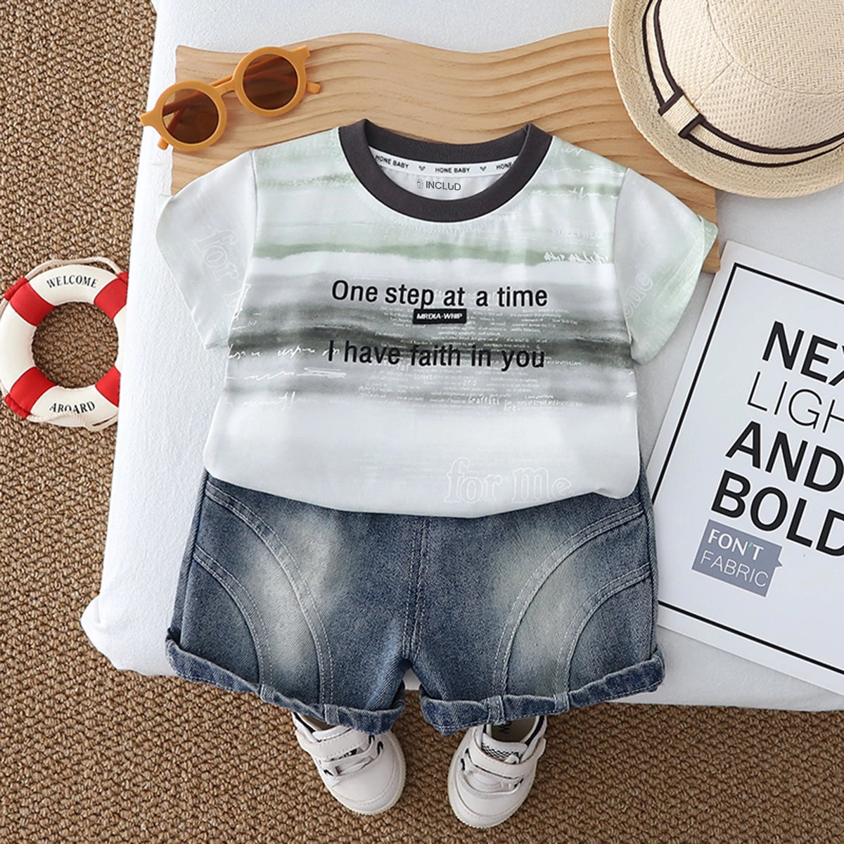 Boys Green Typographic Print T-Shirt With Denim Shorts Set Sets Green 1-2 Y