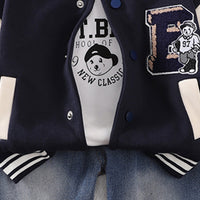 Boys Navy Blue Printed Varsity Jacket with T-shirt & Jeans Set Sets