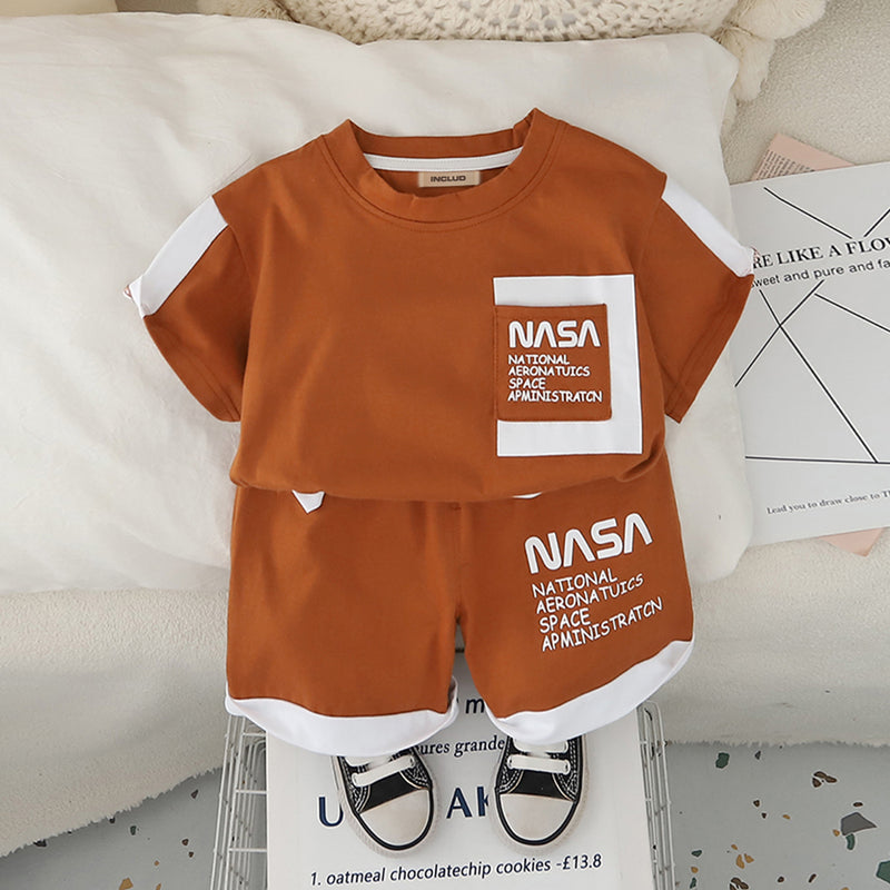 Boys Brown Typographic Nasa Printed T-Shirt With Shorts Set 2 pc. Sets Brown 1-2 Y