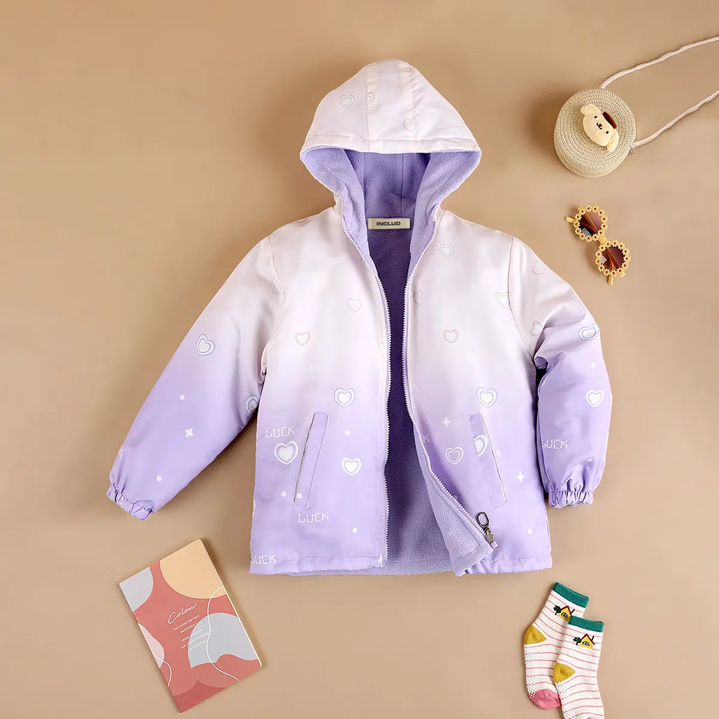 Girls Purple Heart Printed Reversible Hooded Zipper Jacket Coats & Jackets