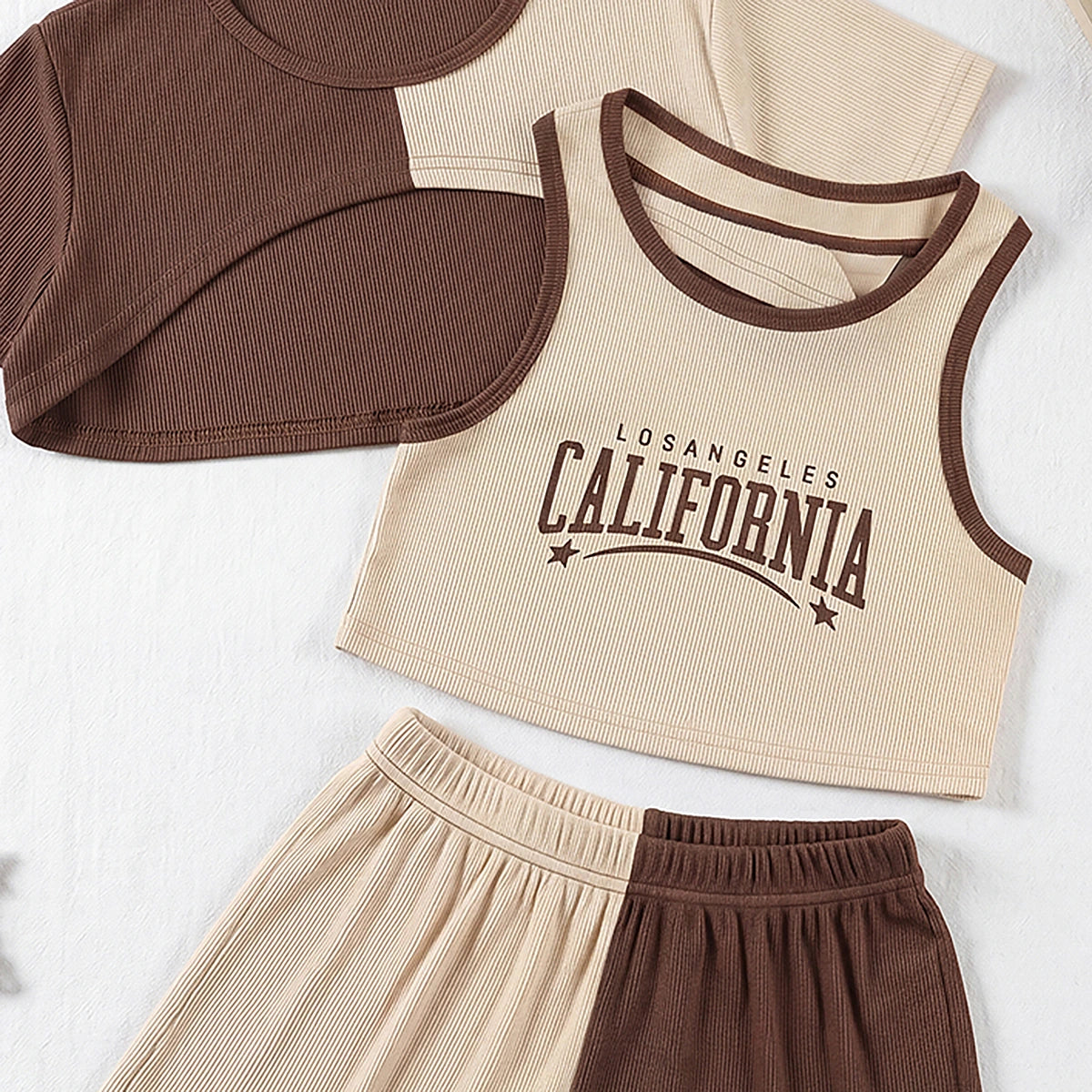 Girls Brown Typography Print Vest With Ribbed Top And Shorts Sets 3 pc. Sets