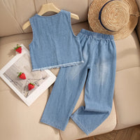 Girls Light Blue Sleeveless Vest With Denim Jeans Sets 2 pc. Sets