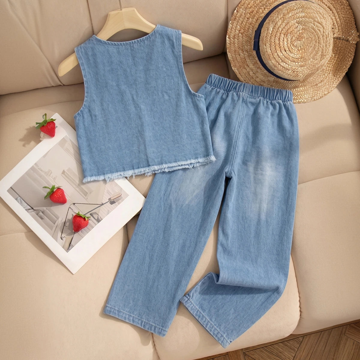 Girls Light Blue Sleeveless Vest With Denim Jeans Sets 2 pc. Sets