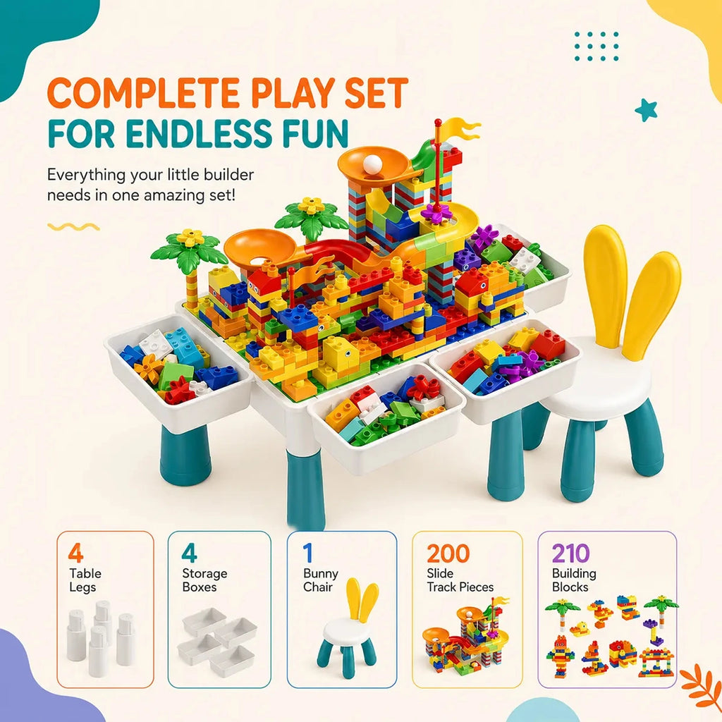 Kids Building Block Table with Bunny Chair - 210 Blocks & 4 Storage Bins - 3 Years Plus INCLUD Trending Accessories