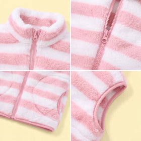 Girls Pink Striped Fleece Sleeveless Jacket Coats & Jackets