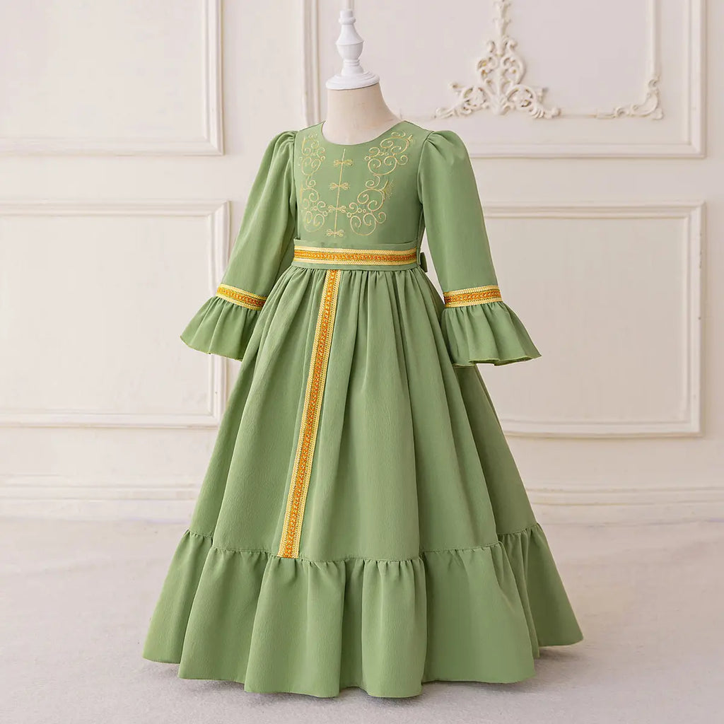 Girls Green Long Sleeves Maxi Dress With Golden Elegant Embroidery Casual Dresses