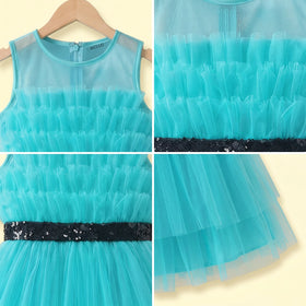 Girls Sea Green Ruffled Sleeveless Fit & Flare Party Dress Party Dresses