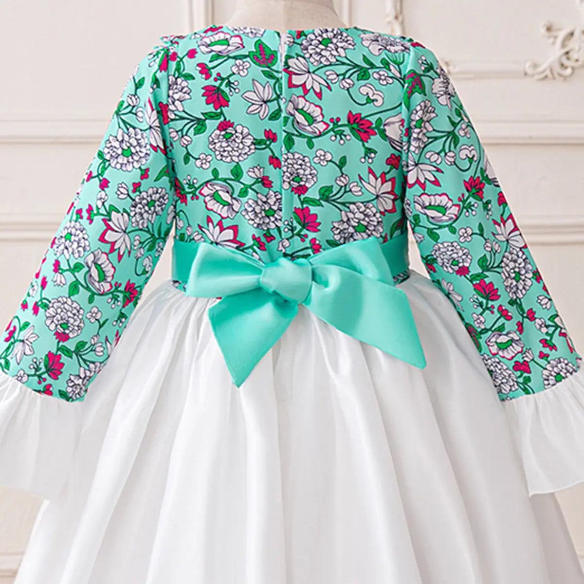 Girls Teal Floral Print Maxi Dress With Long Sleeves Casual Dresses
