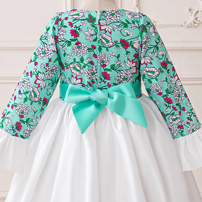 Girls Teal Floral Print Maxi Dress With Long Sleeves Casual Dresses