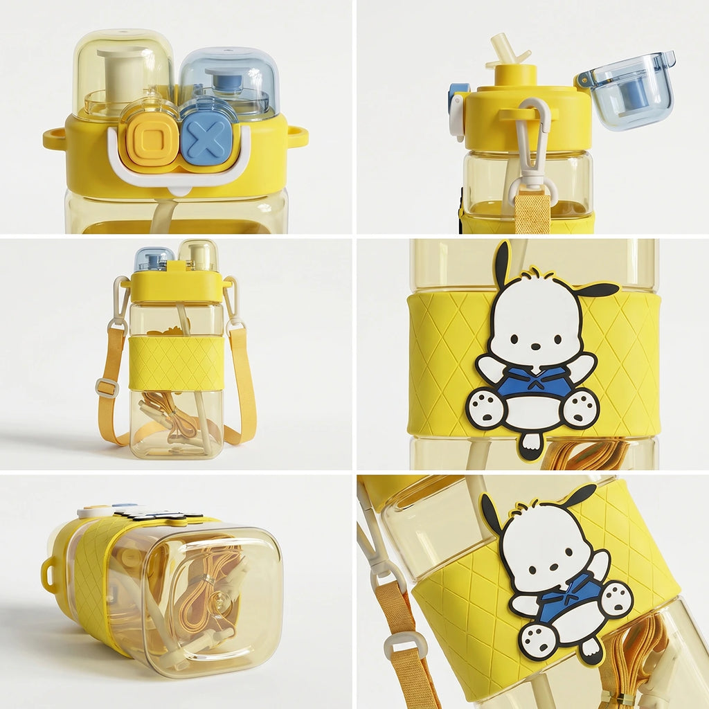 Cute Kids Yellow Dual Spout Water Bottle with Straw, Leakproof Lid & Adjustable Strap Trending Accessories