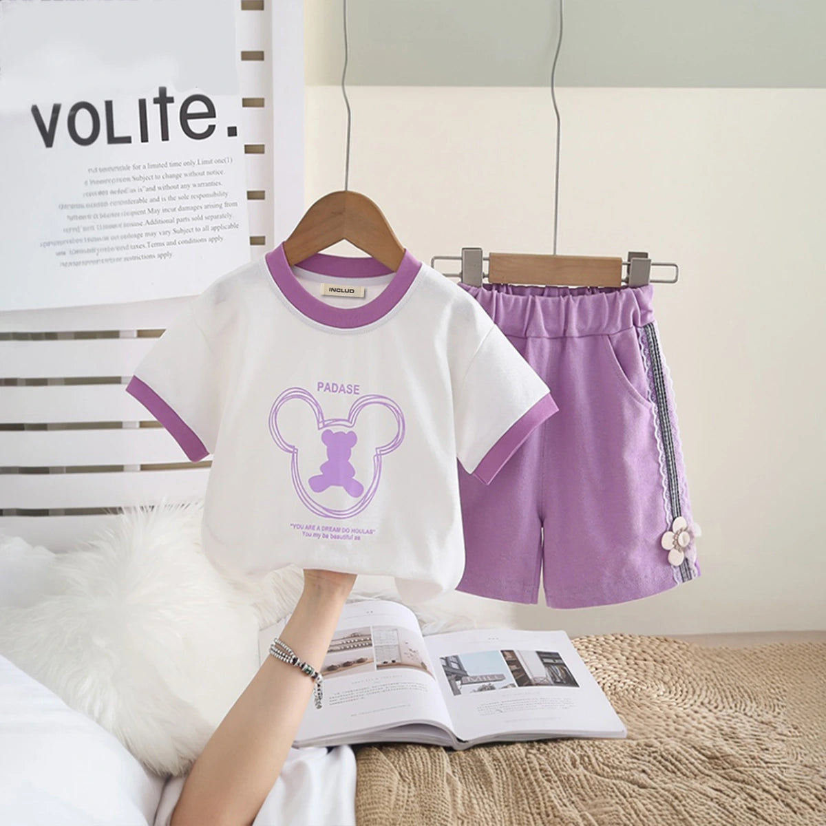 Girls Purple Graphics Short Sleeves T-Shirt With Shorts Set Sets Purple 1-2 Y