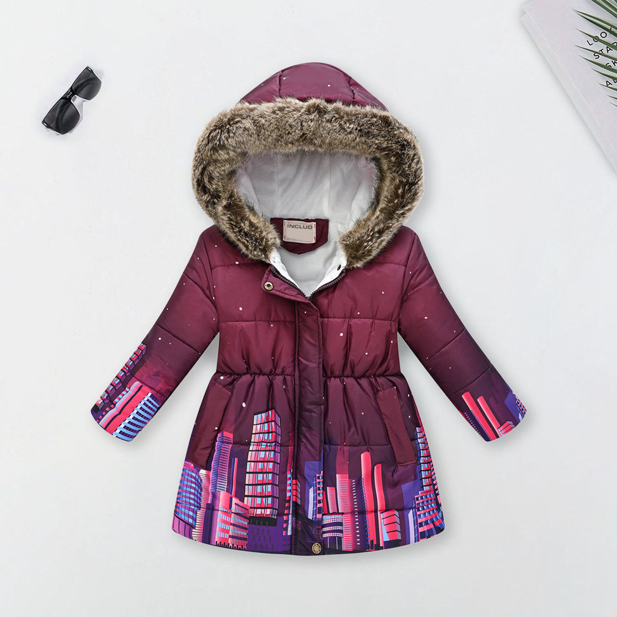 Girls burgundy Graphics Printed Hooded Puffer Jacket Coats & Jackets burgundy 3-4 Y