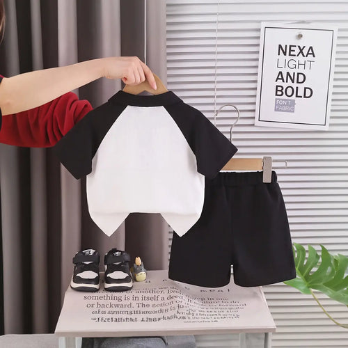 Boys Black Typographic Printed Raglan Sleeve Polo T-Shirt With Shorts Sets 2 pc. Sets
