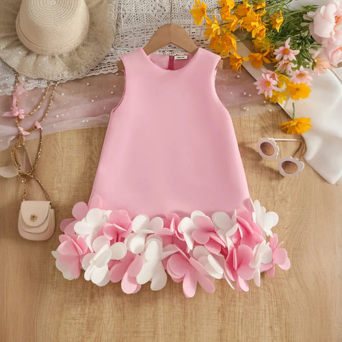 Girls Pink Sleeveless A-line Party Wear Dress With Floral Applique Party Dresses Pink 2-3 Y