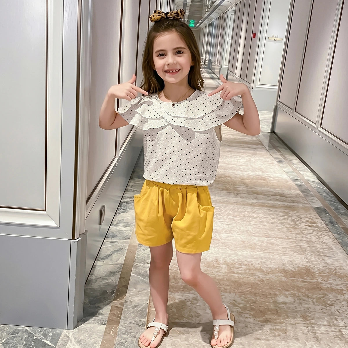 Girls White Polka Dot Printed Ruffle Neck Top With Elasticated Shorts Sets 2 pc. Sets White 3-4 Y