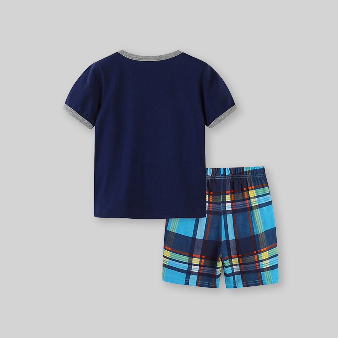 Boys Shark Applique T-Shirt With Checkered Print Shorts Set Tshirts   