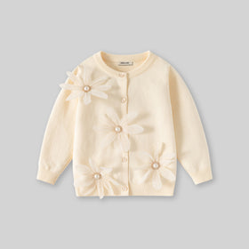 Girls Off White Flowers Applique Cardigan Sweaters & Cardigans