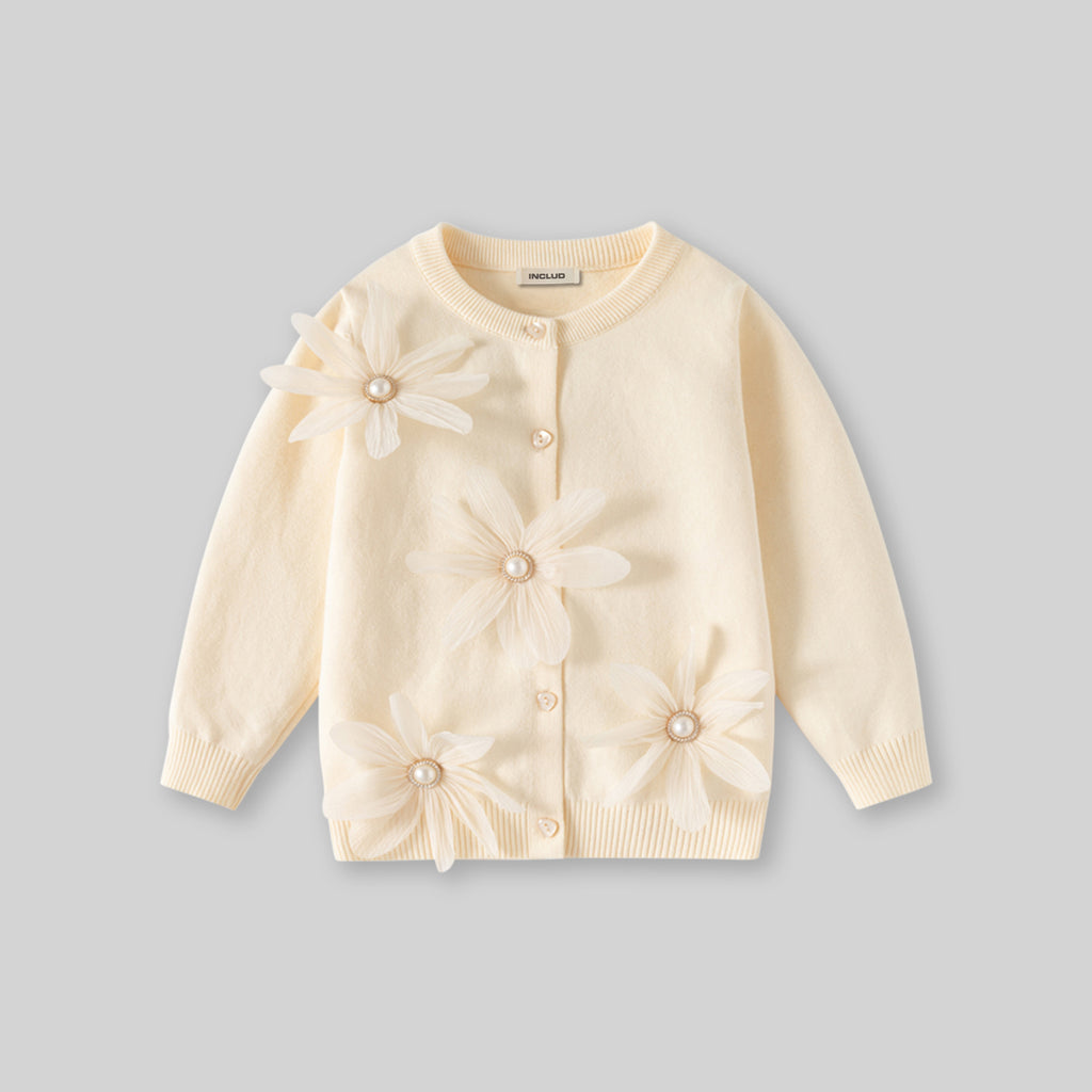 Girls Off White Flowers Applique Cardigan Sweaters & Cardigans