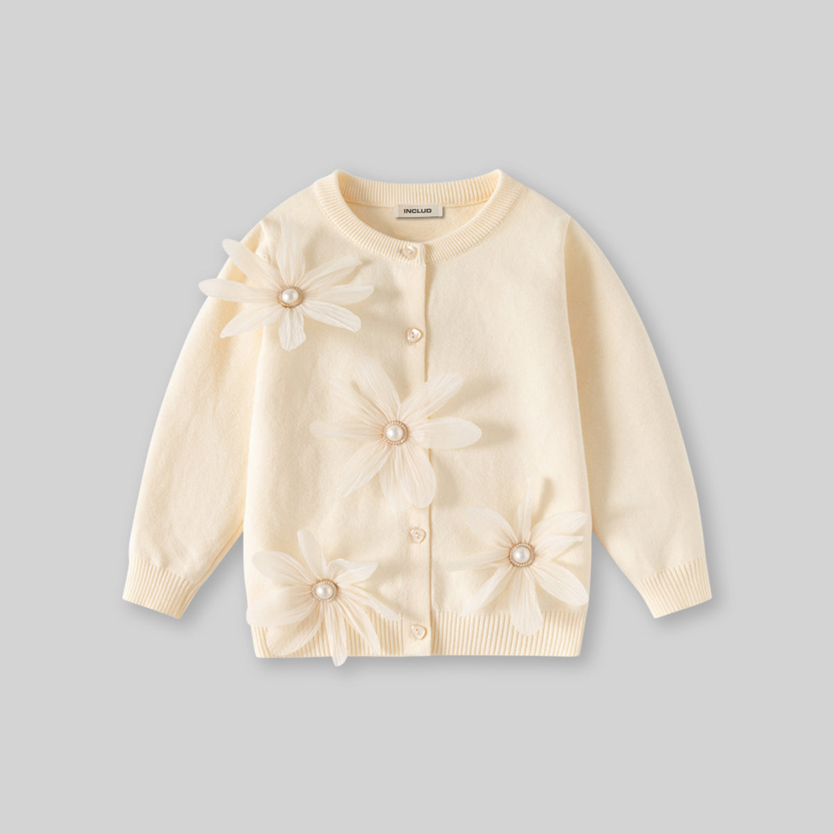 Girls Off White Flowers Applique Cardigan Sweaters & Cardigans