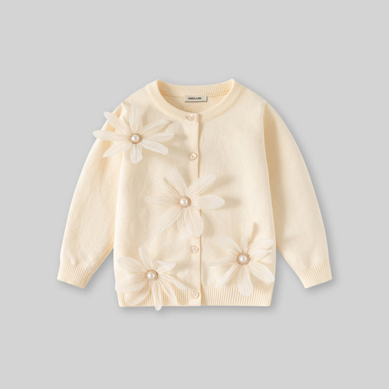 Girls Off White Flowers Applique Cardigan Sweaters & Cardigans