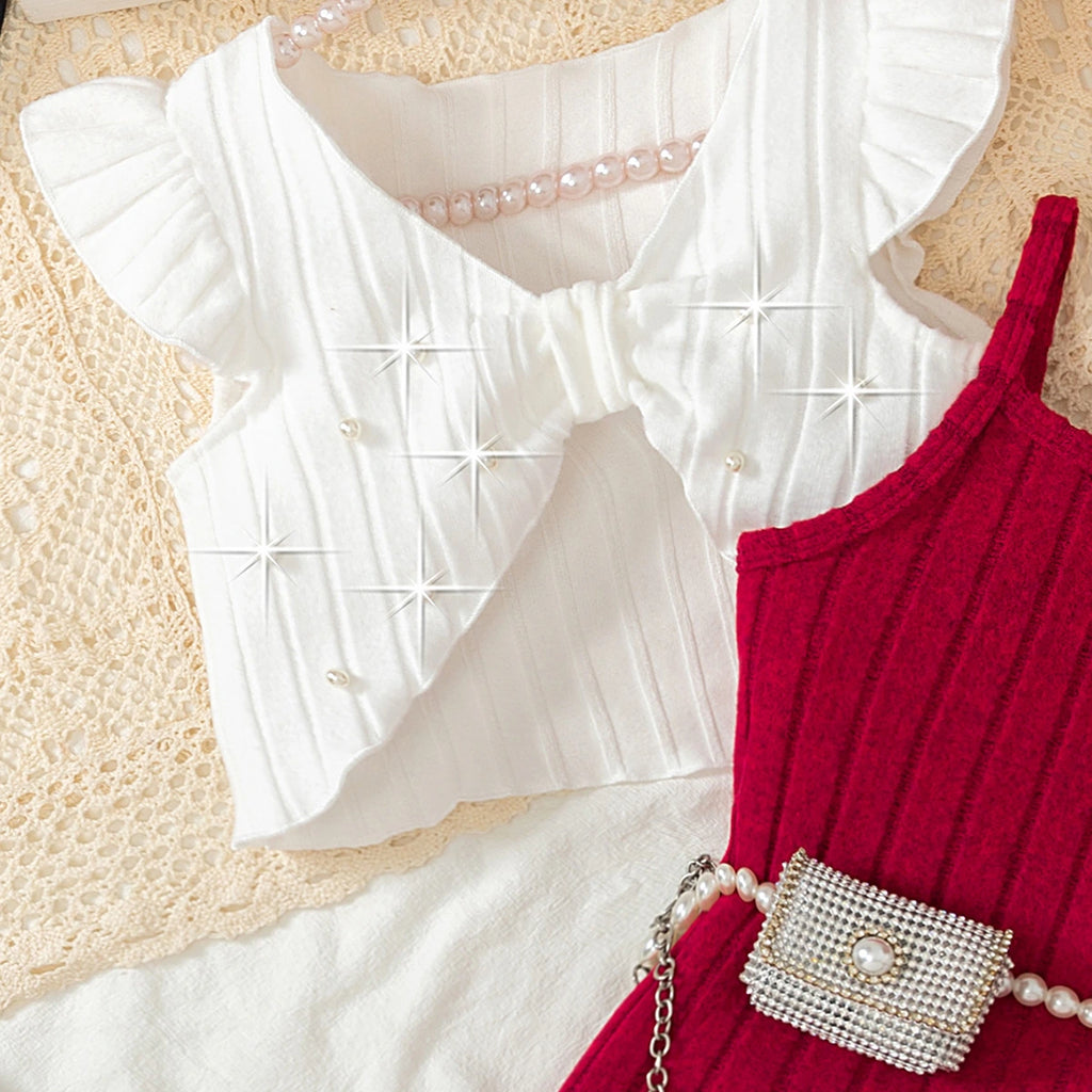 Girls Maroon Ribbed Sleeveless Bodycon Dress With Shrug Casual Dresses