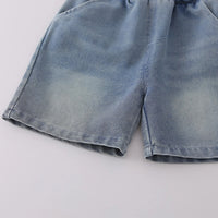 Boys White Graphics Short Sleeves T-Shirt With Denim Shorts Set Sets