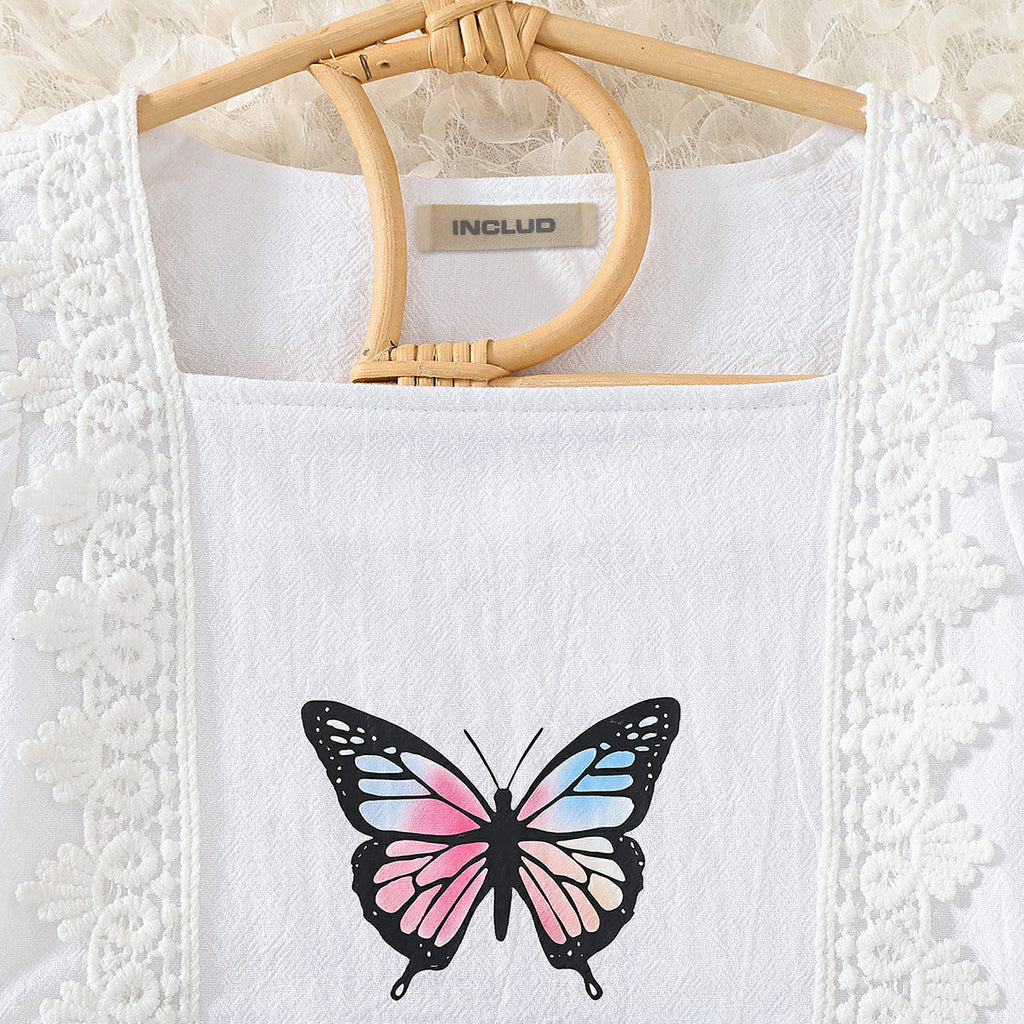 Girls White Short Sleeve Butterfly Print Top With Denim Skirt Set 2 pc. Sets
