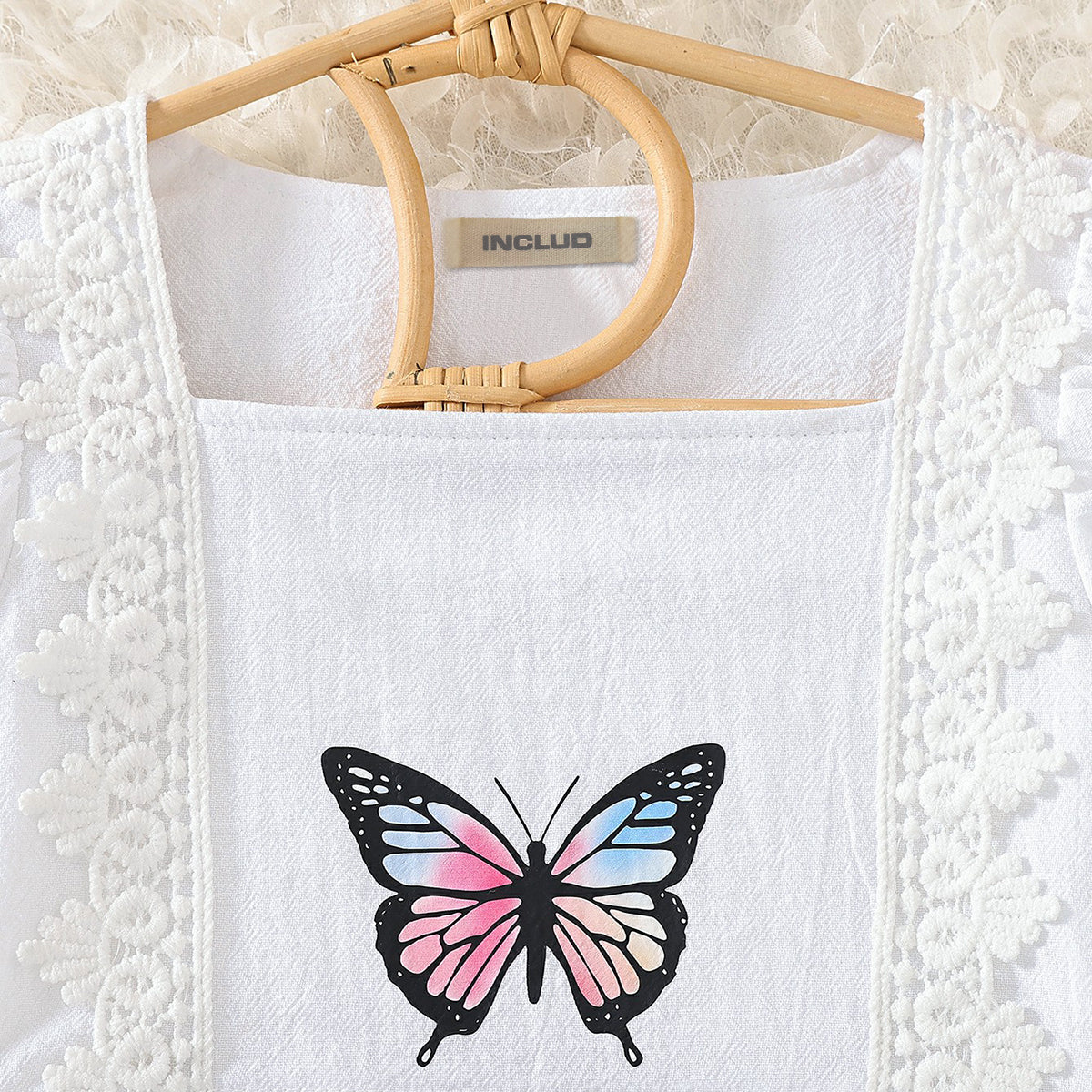 Girls White Short Sleeve Butterfly Print Top With Denim Skirt Set 2 pc. Sets