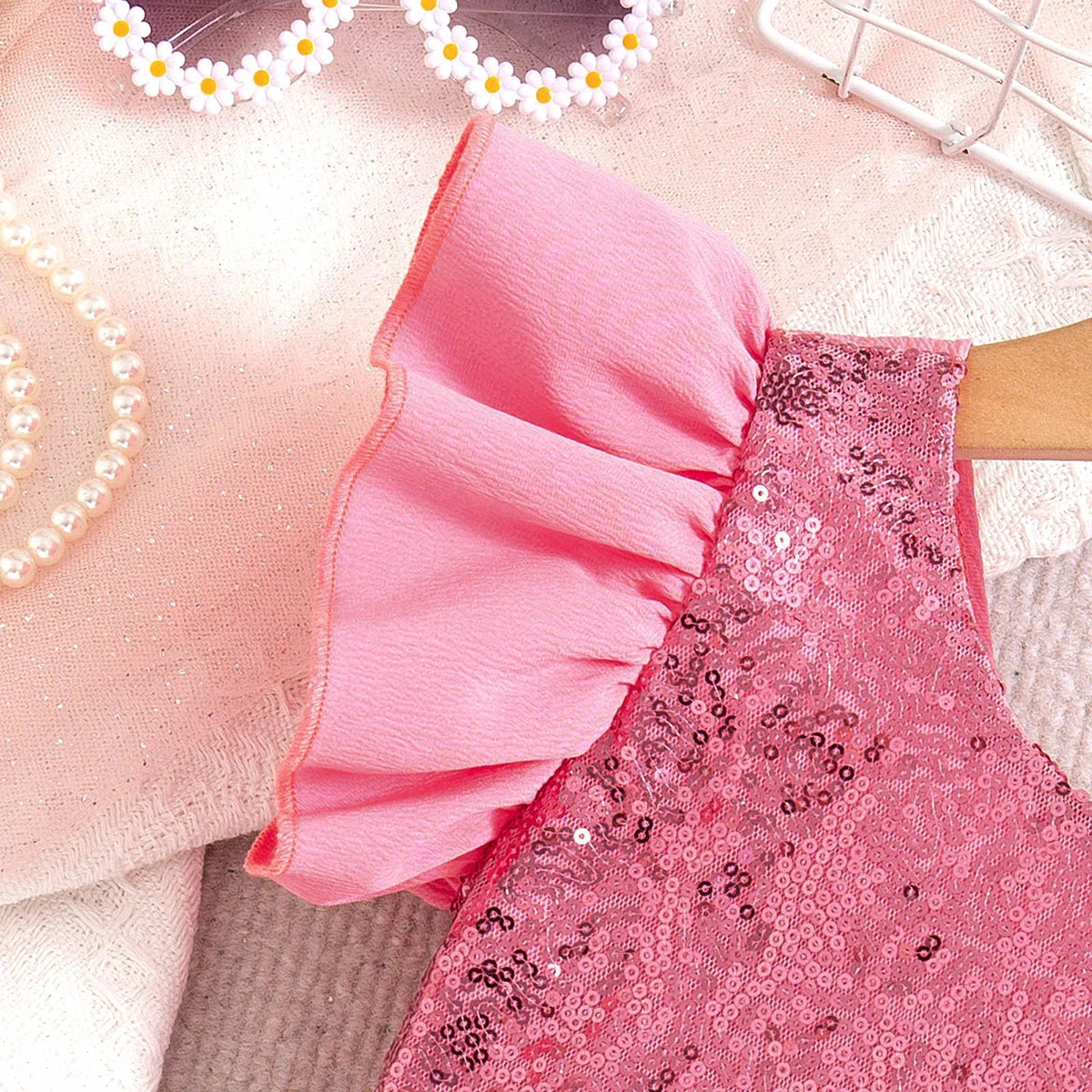 Girls Pink Sequins Embellished Flutter Sleeve Top With Shorts Sets 2 pc. Sets