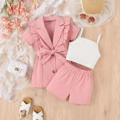 Girls Pink Short Sleeve Blazer Dress With Cami Top And Shorts Sets 3 pc. Sets Pink 3-4 Y