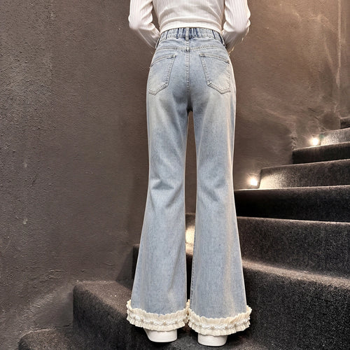 Girls Light Blue Flared Denim Jeans With Ruffle Hem Pants