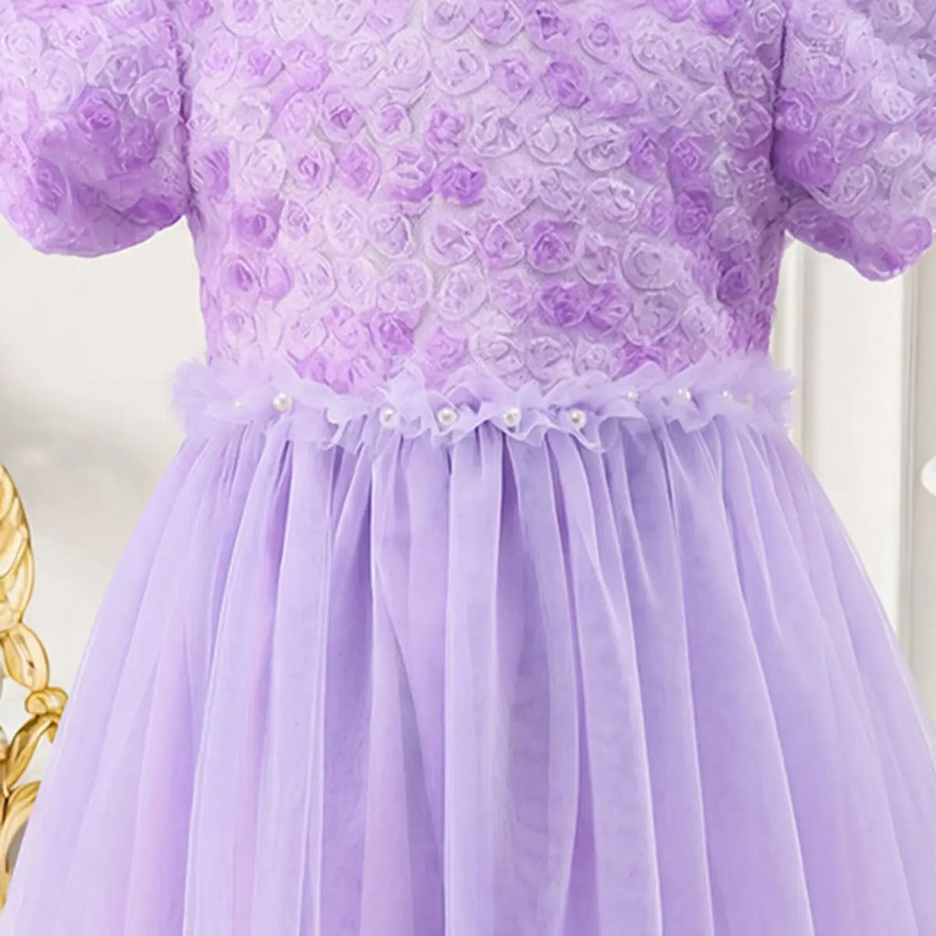 Girls Purple Floral Tulle Overlay Fit & Flare Dress With Puff Sleeves Casual Dresses