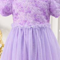Girls Purple Floral Tulle Overlay Fit & Flare Dress With Puff Sleeves Casual Dresses