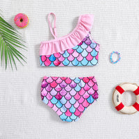 Girls Pink Abstract Print One Shoulder Top With Briefs Swimwear Sets Sets