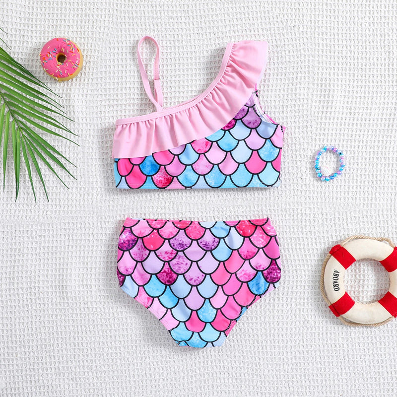 Girls Pink Abstract Print One Shoulder Top With Briefs Swimwear Sets Sets