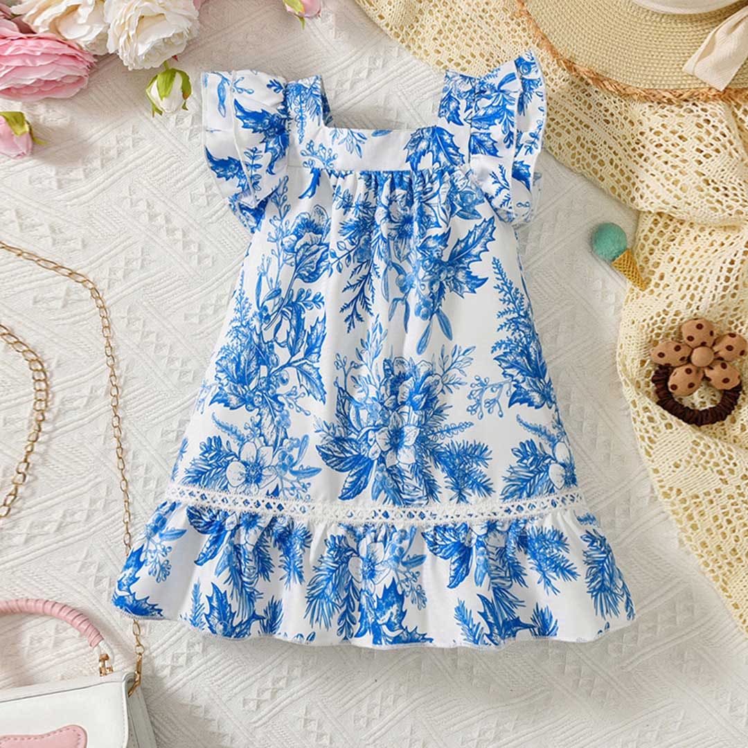 Girls Floral Print A-line Dress Casual Dresses Royal Blue 1-2 Y 