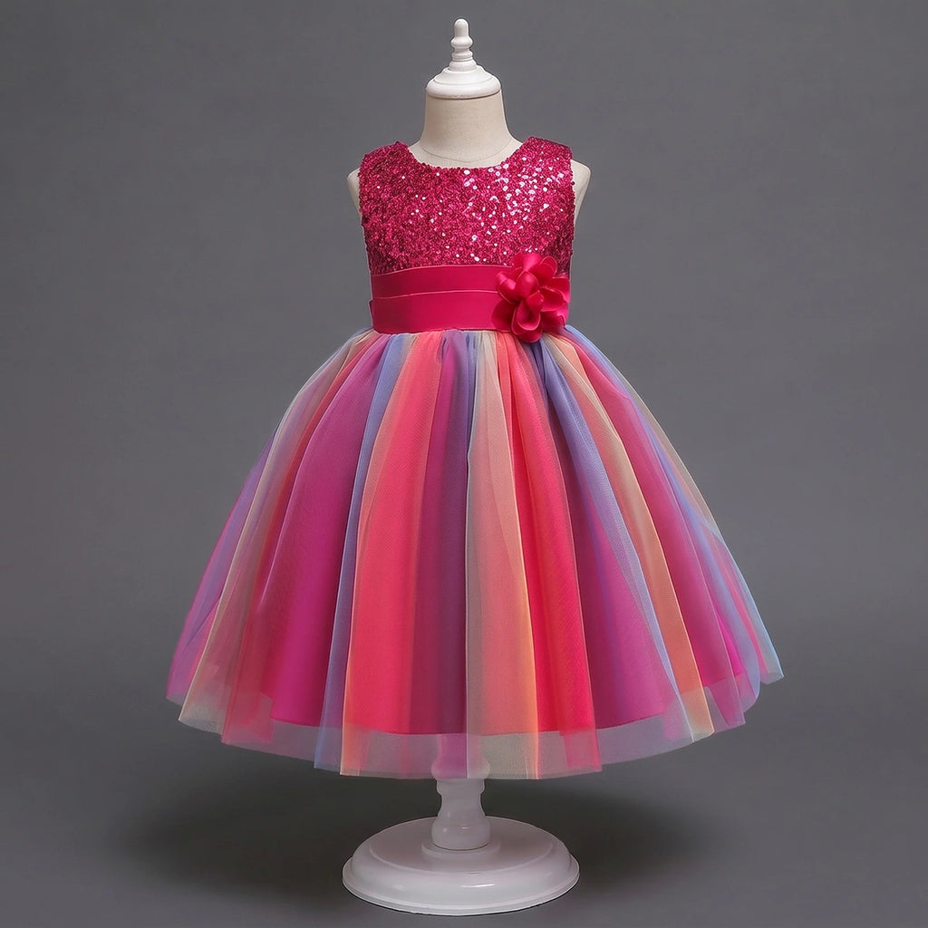 Girls Red Sequin Embellished Fit & Flare Party Wear Dress With Flower Applique Party Dresses Red 2-3 Y