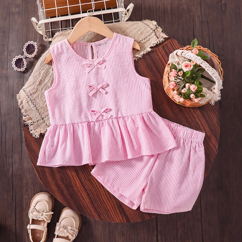 Girls Pink Striped Sleeveless Peplum Top With Shorts Sets 2 pc. Sets Pink 3-4 Y