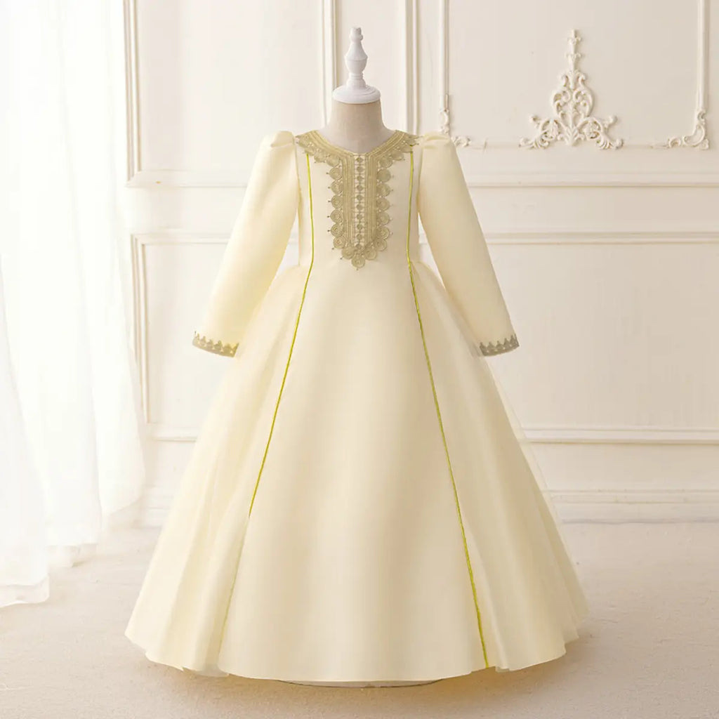 Girls Cream Embroidered Fit & Flare Dress With Long Sleeves Casual Dresses Cream 3-4 Y